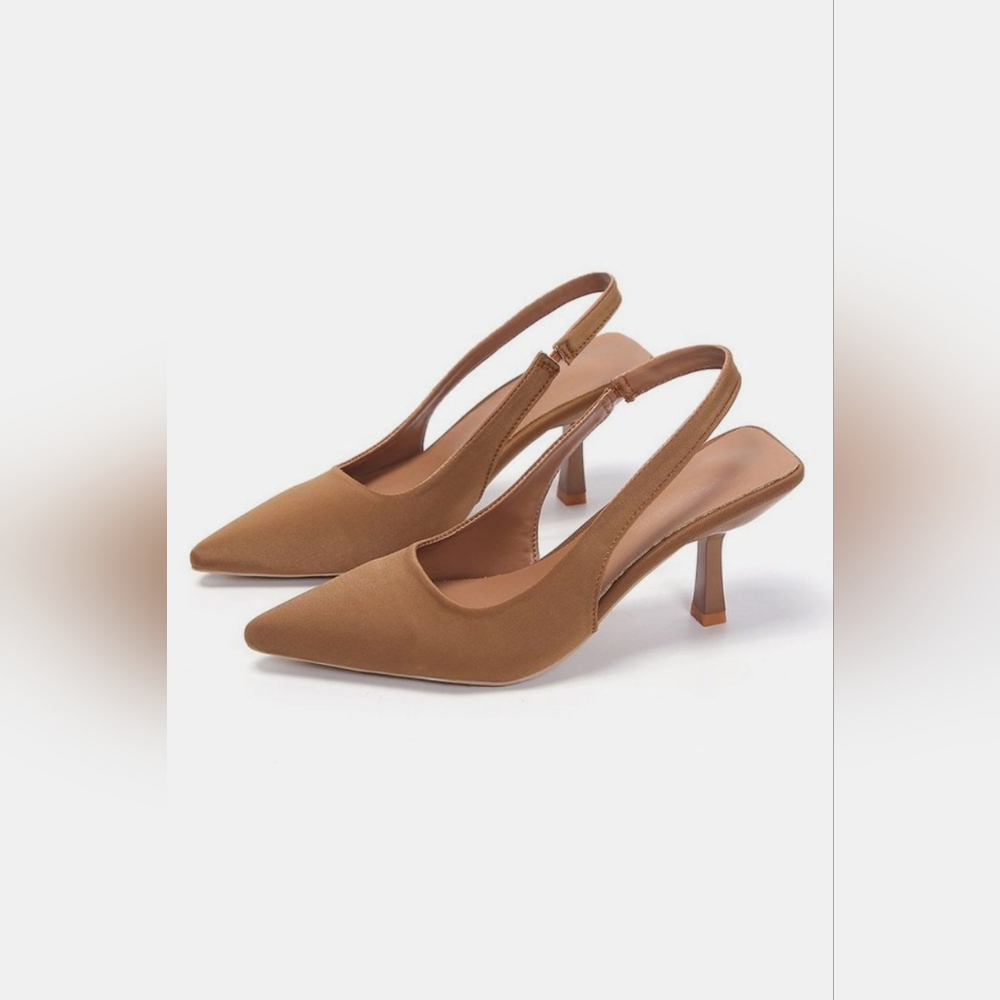 Elegant Tan PU Leather Pointy Toe Slingback Heel Pumps